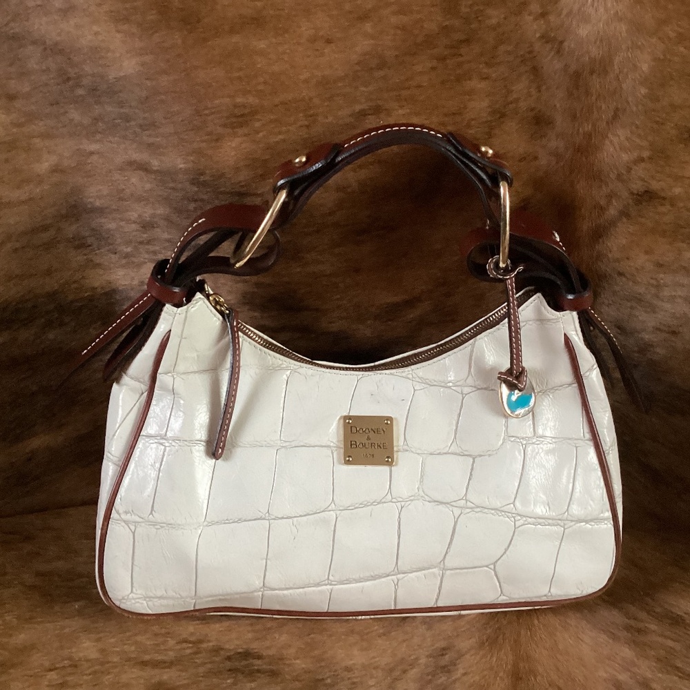 Authentic Dooney&Bourke White/Brown Croc Embossed Leather Hobo Top Zip Handbag🦋
